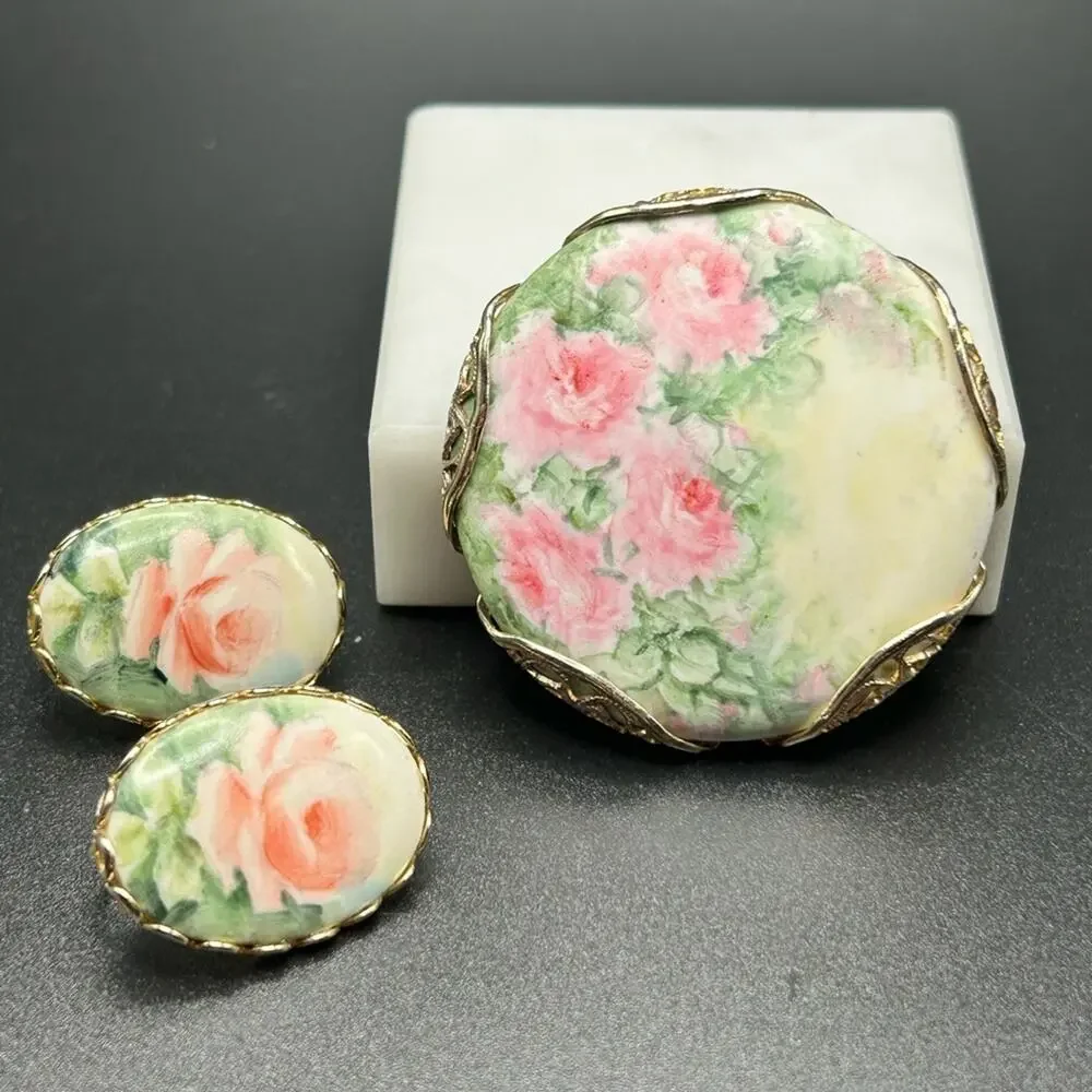 Vintage Victorian Hand painted porcelain brooch and earrings #647 Roses